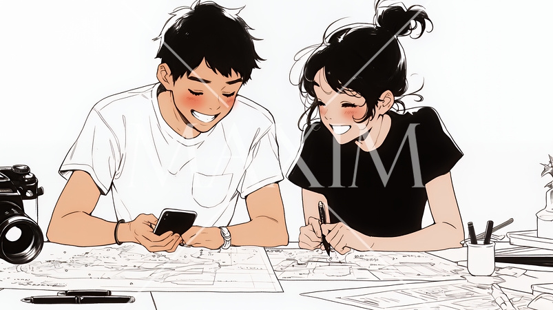 仲良く二人で旅行の計画を立てている若いカップル（シンプルな色使い）