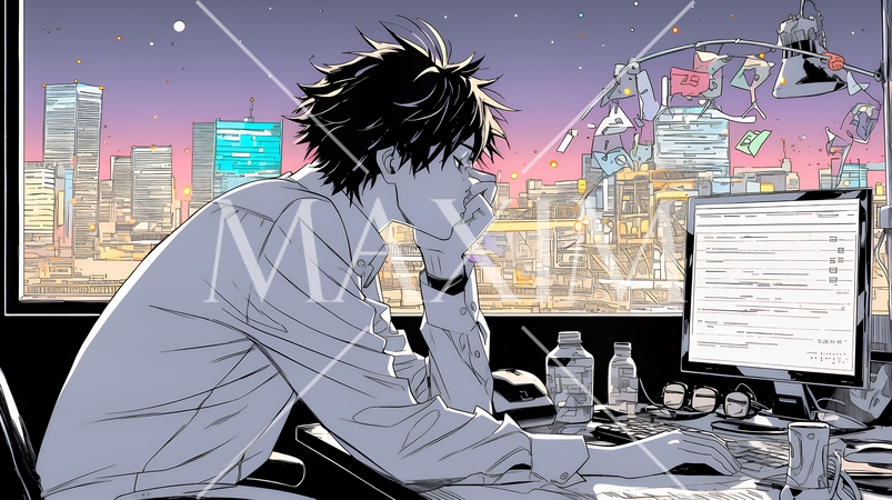 夜遅くまで残業するビジネスマン｜疲れた表情でパソコン作業をする会社員のビジネスイメージ