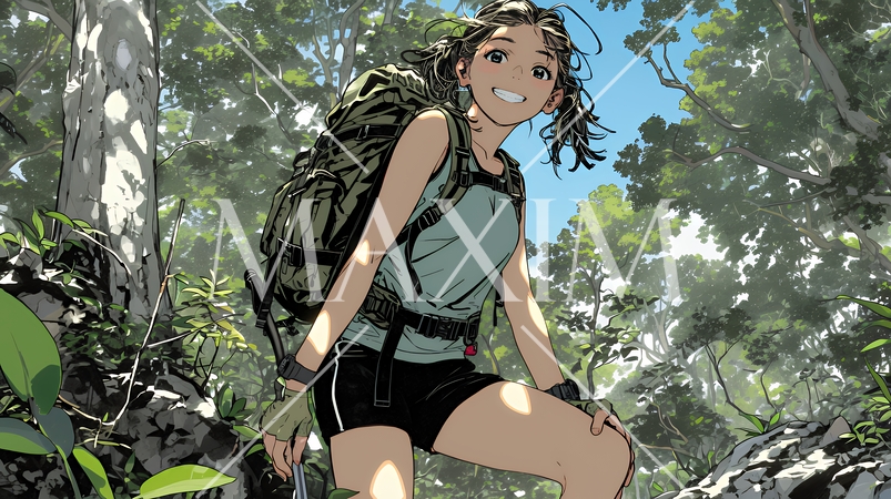 初夏の森でトレッキングを楽しむ若い女性｜新緑とアウトドアの爽やかなライフスタイル