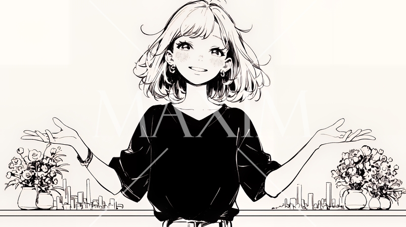 両手を広げて歓迎・驚きの仕草をしている若い女性（シンプルな色使い）