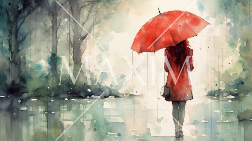 雨降りの公園を傘をさした若い女性が歩いている風景：　水彩画