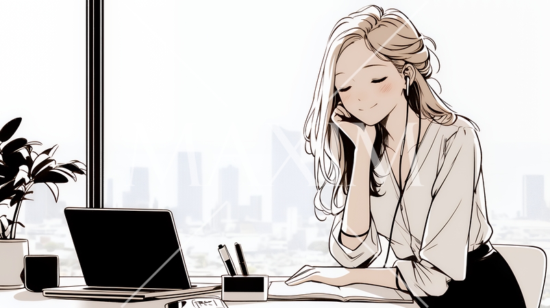 職場のデスクでパソコンに向かって仕事をしているビジネスウーマン（シンプルな色使い）
