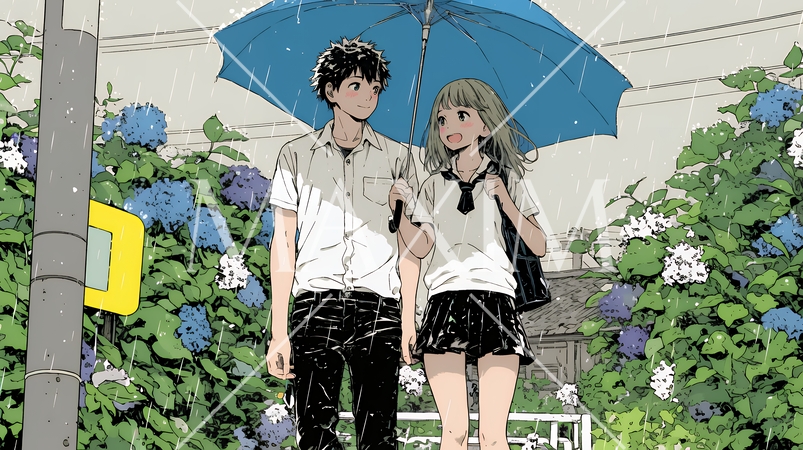 満開のあじさいの中を仲良く相合い傘で歩く若いカップル