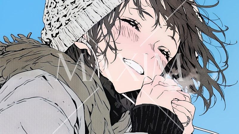 かじかんだ手に息を吹きかけて温めている若い女性