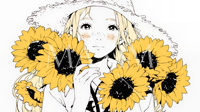 ひまわりと女性（シンプルな色使い）