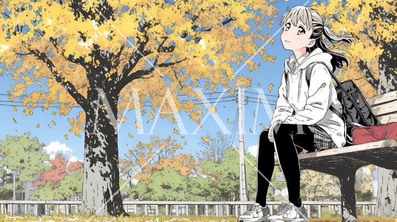 通学路の色づいた銀杏の木の下に腰替える女子高生