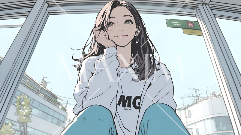 廊下の窓枠に腰掛けて考え事をしている若い女性