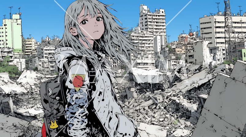 震災や空爆などで破壊された街で孤独に立ちすくむ若い女性