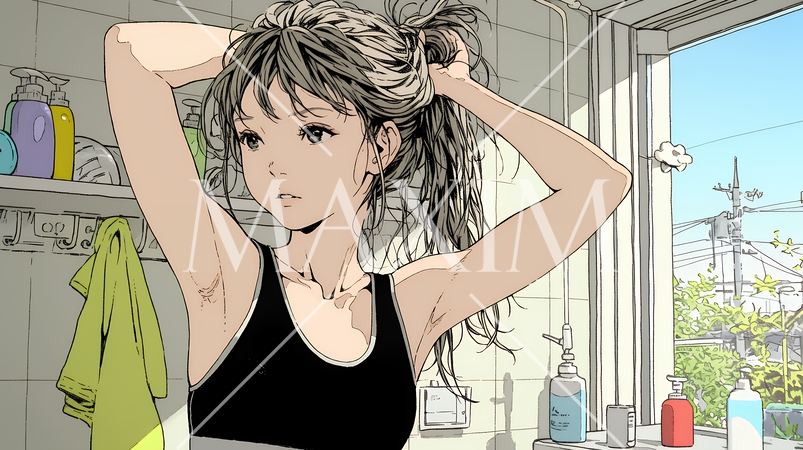 朝支度：洗面所で髪をまとめている若い女性