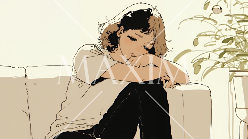 腹痛（生理痛）に苦しむ若い女性（シンプルな色使い）