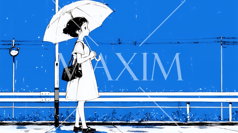 雨の日に傘をさして歩く若い女性（シンプルな色使い）