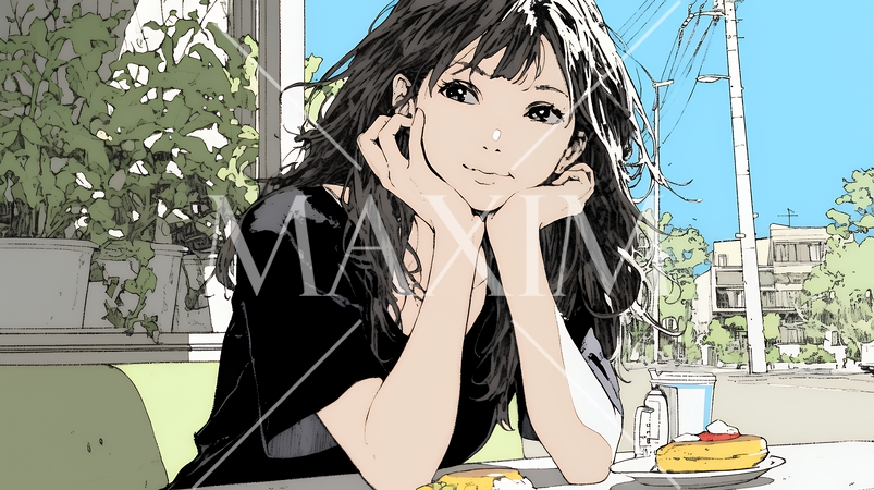 早朝のダイナー（喫茶店）でパンケーキ（モーニングセット）を食べる若い女性