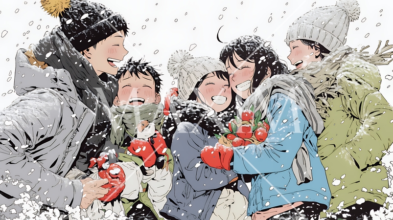 雪の日に家族で仲良く散歩に出かけている