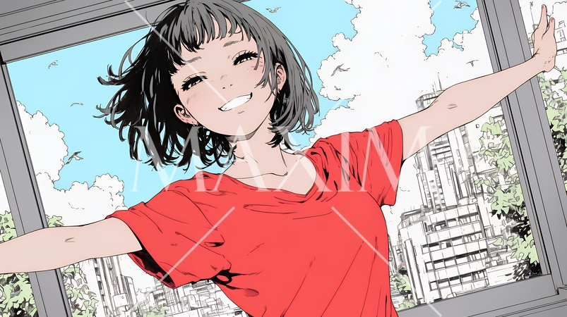 両手を広げて喜んでいる陽気な若い女性