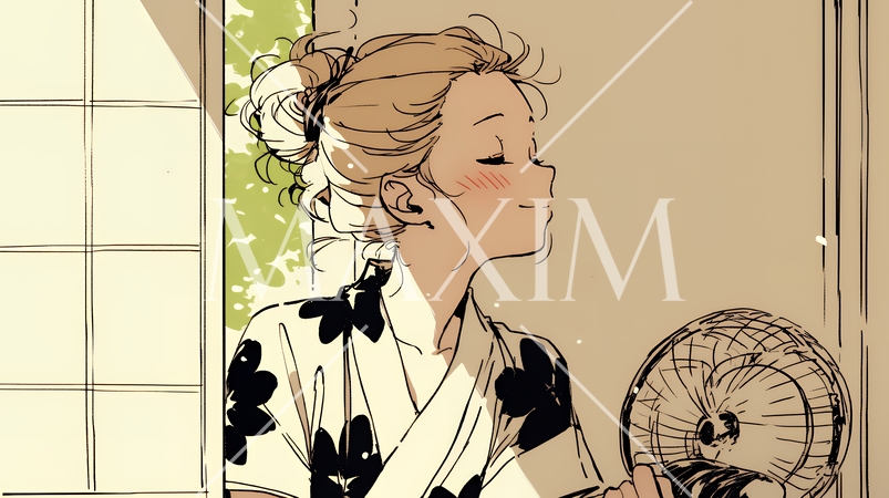 暑い夏の昼下がり、扇風機にあたって涼んでいる若い女性（シンプルな色使い）