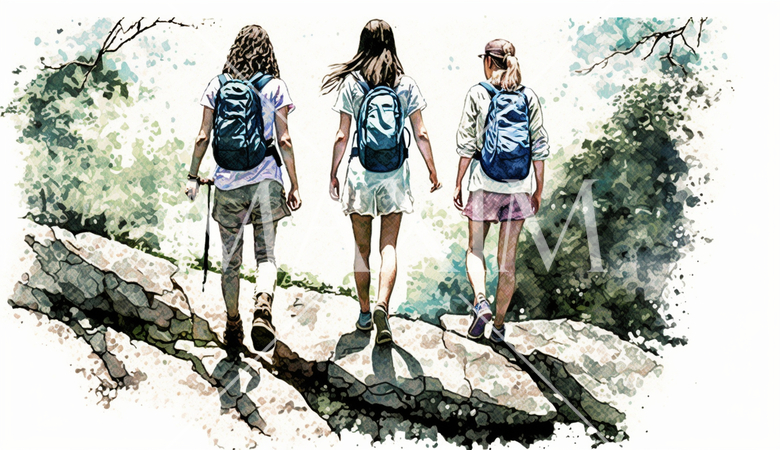 山にハイキングに来ている仲の良い若い女友達：水彩画