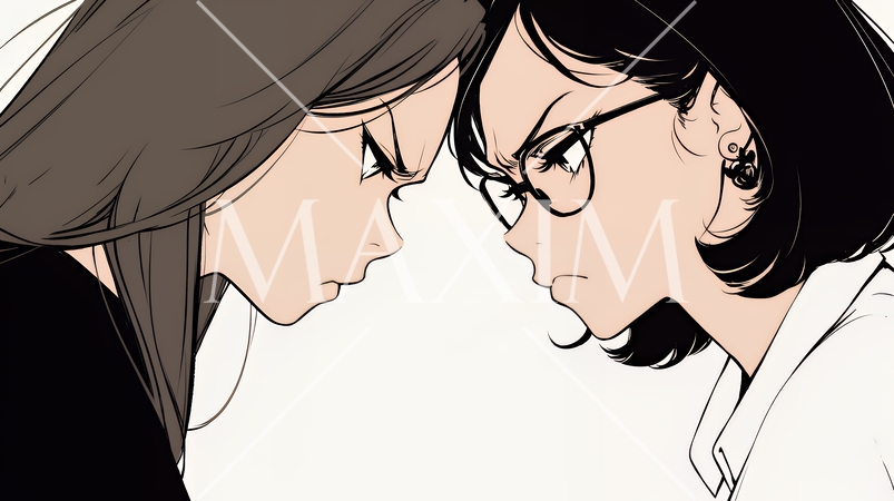 オフィスで言い争いをしているビジネスパーソン（シンプルな色使い）