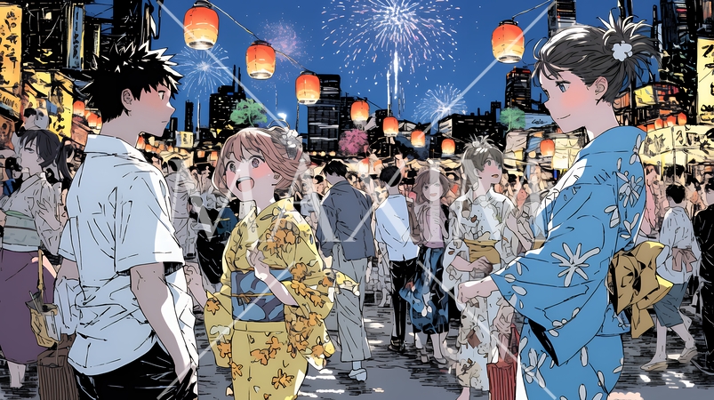 縁日屋台が立ち並び、賑わいを見せる祭りの夜