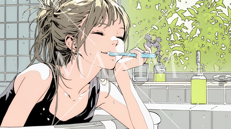 洗面所で朝の歯磨きをする若い女性