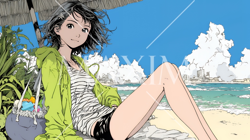 夏の南国の海辺を一人で旅行中の若い女性