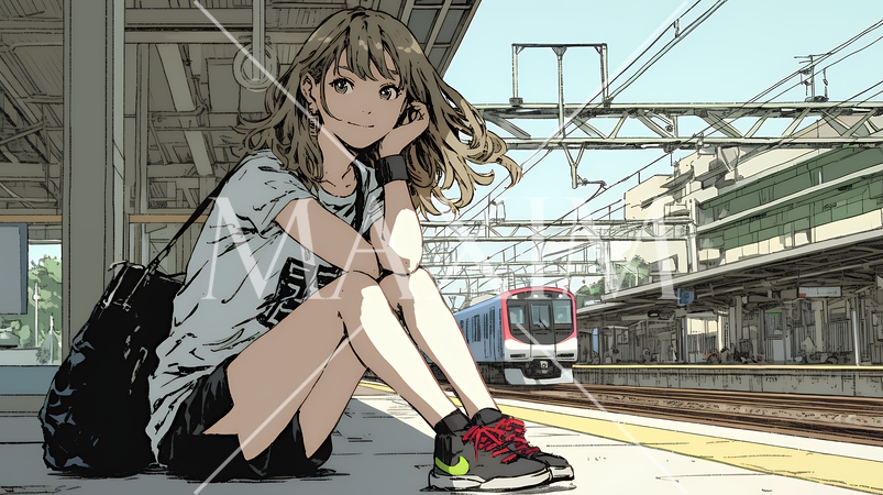 駅のホームで、なかなか来ない電車を待ちくたびれている若い女性