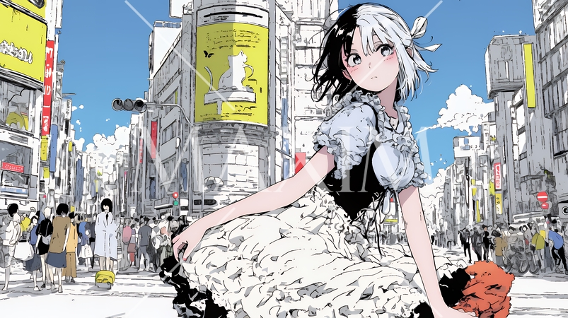 ハロウィン：ゴシックロリータファッションで町を歩く若い女性