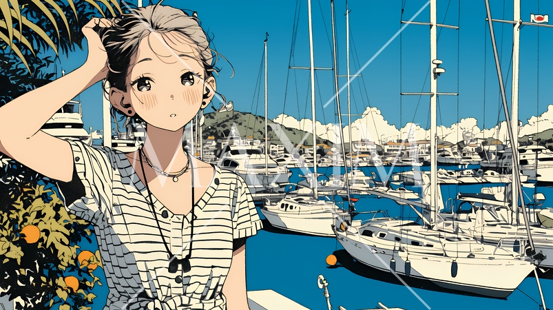 沖縄のヨットハーバーに立つ若い女性