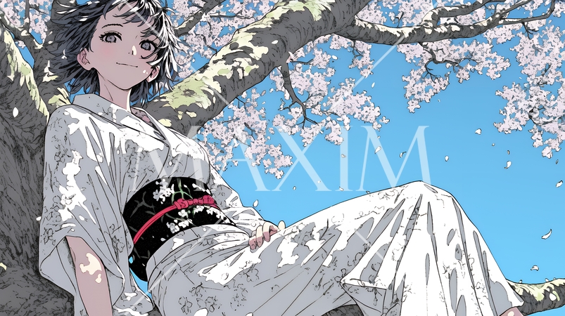 満開の桜の木の下を歩く若い女性