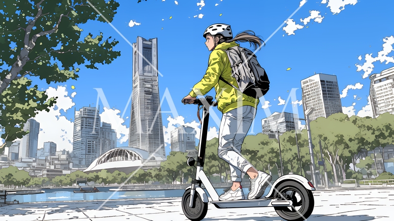 特定小型原付で都会を移動するビジネスパーソン