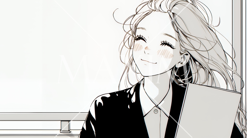 書類を確認するビジネスウーマン（シンプルな色使い）