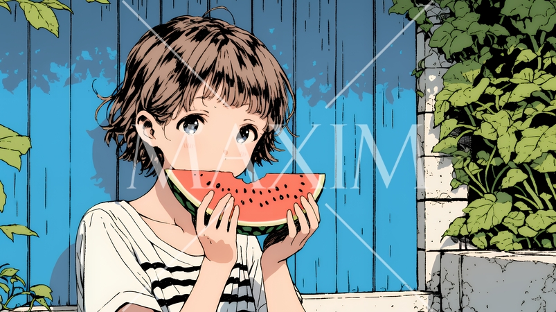 スイカを縁側で食べている若い女性