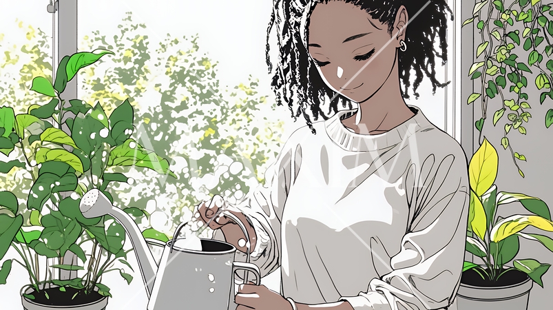 観葉植物の世話をする若い女性