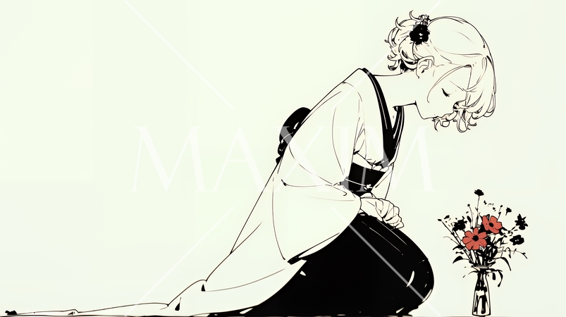 手を合わせてお祈りをしている和服姿の若い女性（シンプルな色使い）