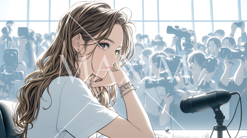 記者会見（共同取材）を開いている若い女性（タレント）