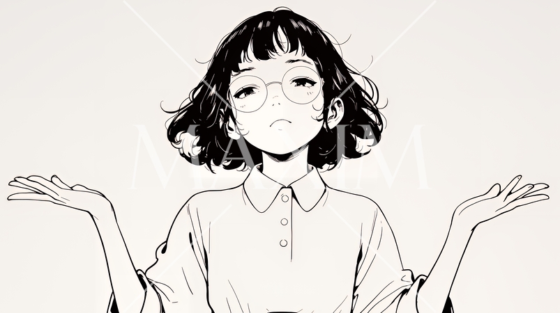 肩をすくめて困惑・諦めの仕草をしている若い女性（シンプルな色使い）