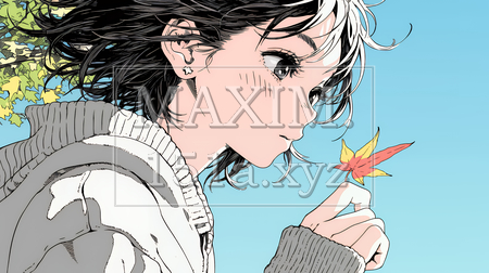 落ち葉をつまんで眺める若い女性｜秋を感じる女性のイラスト（イラストID:6305481-20484）