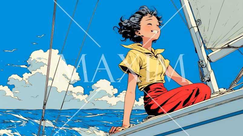 ヨットに乗っている若い女性