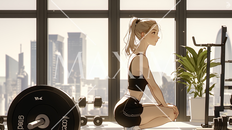 休日にジムで軽く運動する若い女性（シンプルな色使い）