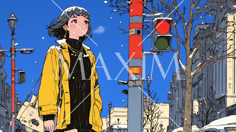 冬枯れの街を歩く若い女性