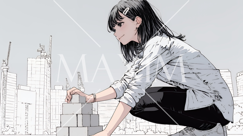 コンクリートブロックを積み上げているビジネスウーマン：計画の段階的積み重ねの比喩