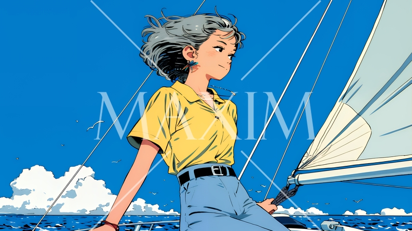 ヨットに乗っている若い女性