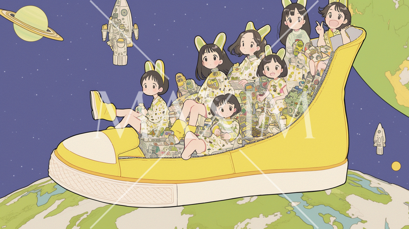 宇宙旅行：女の子の仲間たちがシューズ型の宇宙船に乗って宇宙に行く