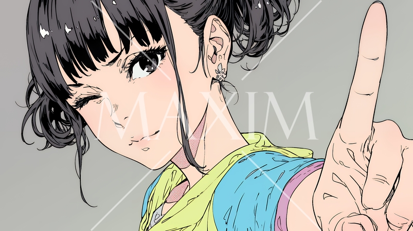 フィンガーガン（指でっぽう）を構えている若い女性