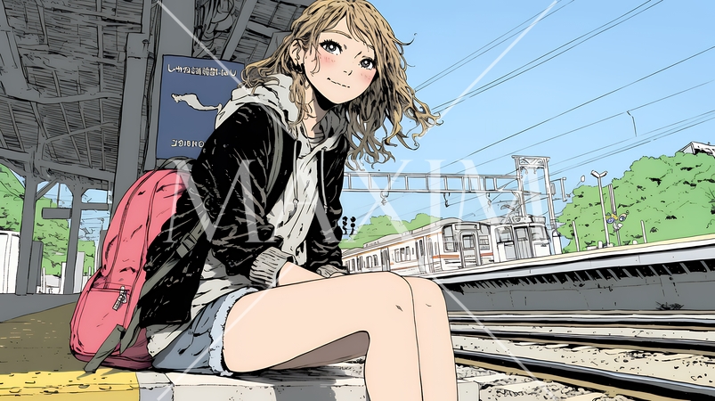 駅のホームで、なかなか来ない電車を待ちくたびれている若い女性