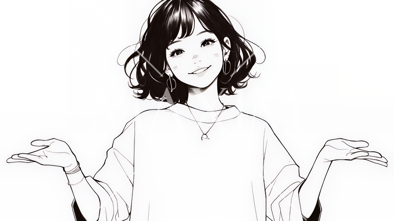 両手を広げて歓迎・驚きの仕草をしている若い女性（シンプルな色使い）