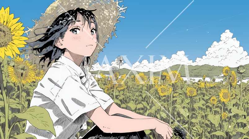 真夏の青空のもと、ヒマワリ畑を散策している若い女性