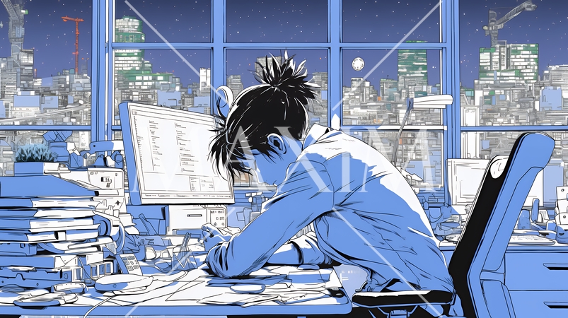 夜遅くまで残業するビジネスマン｜疲れた表情でパソコン作業をする会社員のビジネスイメージ