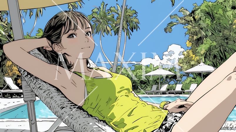 プールサイドのデッキチェアでくつろぐ若い女性｜夏のリゾートとリラックスライフスタイルイメージ