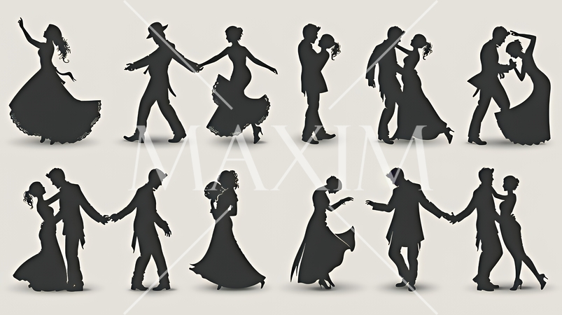社交ダンスを楽しむ人たちのシルエット｜優雅でエレガントなボールルームダンスイメージ