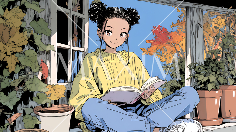 紅葉が見える窓辺に腰掛けて読書する若い女性